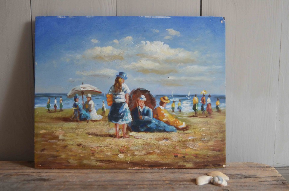 Schilderij, olieverf op hout, strandgezicht