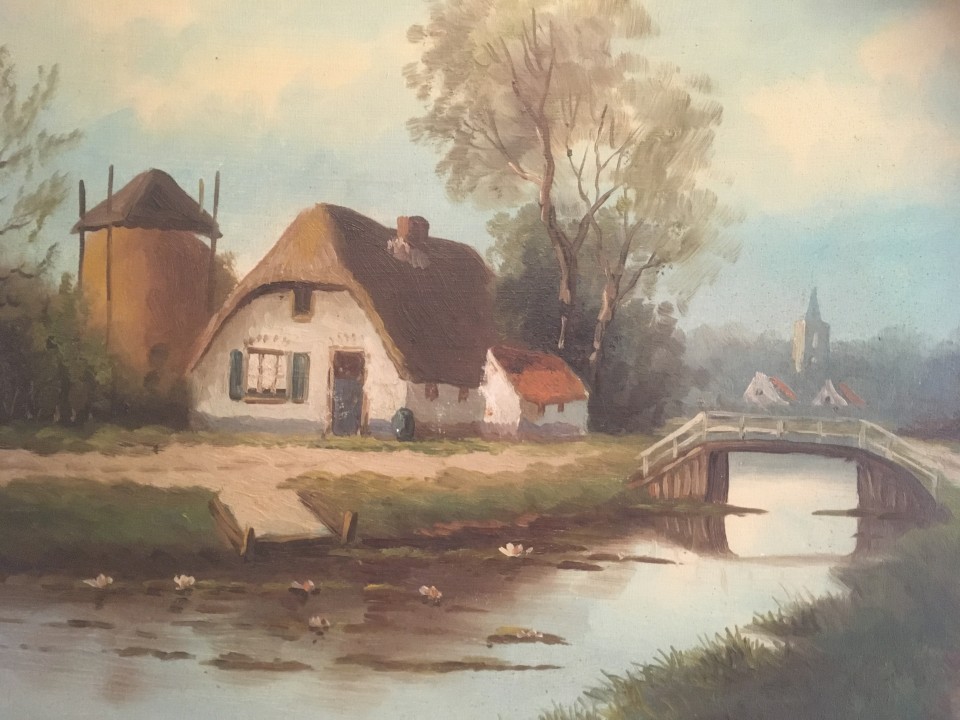 Olieverfschilderij boerderij met vaart en brug