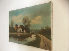 Olieverfschilderij boerderij met vaart en brug