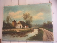 Olieverfschilderij boerderij met vaart en brug